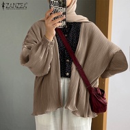 ZANZEA Muslimah Women Muslim Raya Clothes Textured Pleated Vintage Casual Puff Sleeve V-Neck Solid Cardigan