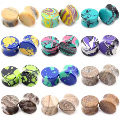 Alisouy 2PCS Colorful Natural Stone Double Flared Ear Tunnel Plugs Flesh Stretcher Expander Gauges E