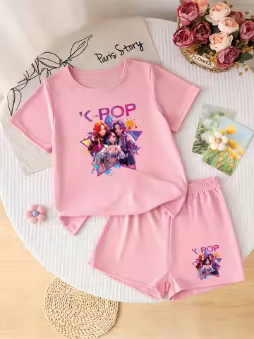 Trendy Girls 2Pcs K-POP Idol Graphic Print Tee & Shorts Set K-POP Fan Summer Streetwear Outfit