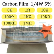 Resistor 0.25W 0ohm, 1ohm, 10ohm, 100ohm, 1Kohm, 10Kohm, 100Kohm, 1Mohm  1/4W 5% 30 Units / Pack