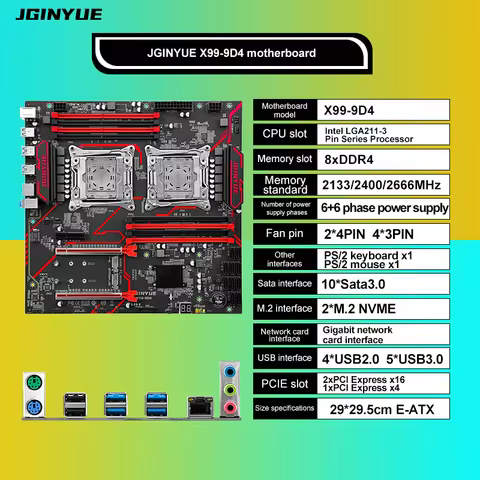 JGINYUE X99 Dual CPU Motherboard LGA 2011-3 Support Xeon E5 V3 V4 CPU DDR4 Memory Eight Channels Dua