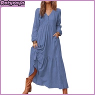 Women Bohemian Cotton Linen Dress Oversized V-neck Long Sleeve Swing Dress Pleated Ruffle Tiered Flo
