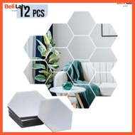 12PCS 3D Hexagon Acrylic Mirror Wall Stickers – Modern Home Decoration / Cermin Hiasan Dinding