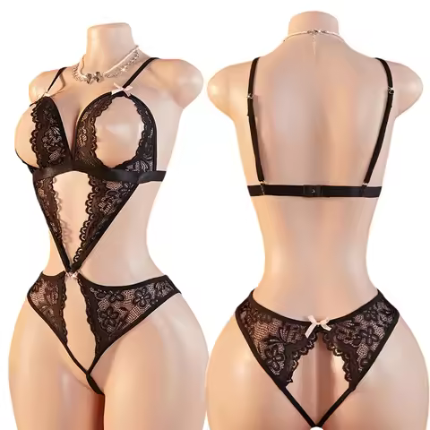 Teddy Transparent Lace Lingerie Deep V Open Bra Lingerie Women Erotic Exposed Breast Hot Dress Babyd