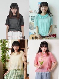 4色🩵日系撞色木耳邊冰絲短袖蕾絲上衣 ruffle see through top tee t shirt rojita