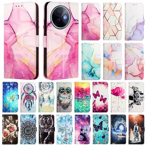 Cute Painted Leather Flip Case on For vivo V50 Lite Y04 Y19S Y29 Y29S Y39 Y76 Y300 iQOO Z9 Z9X Walle