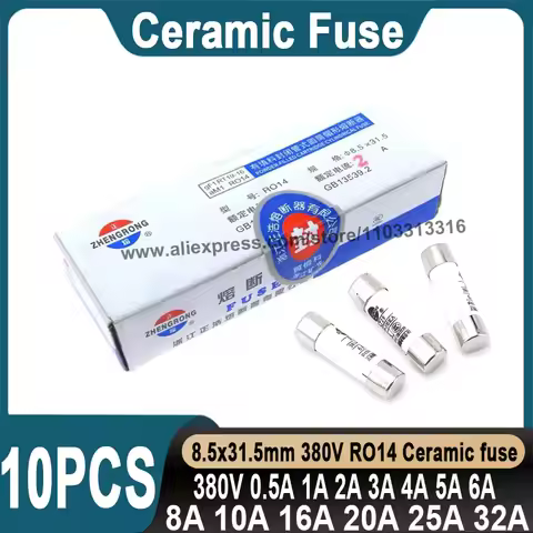 10PCS Ceramic Fuse Tube 8.5*31.5MM Ceramic Fuse 380V 0.5A 1A 2A 3A 4A 5A 6A 8A 10A 16A 20A 32A Ceram