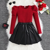 2pcs/Set Young Girls Elegant Casual Christmas Red Round Neck Long Sleeve T-Shirt + Black PU Leather 