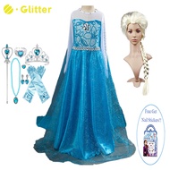 Dress for Kids Girl Frozen Elsa Cosplay Costume Blue Long Sleeve Snow Queen Princess Dress with Cape Crown Wig Accessories Nail Stickers for Kid Girls Party Wedding Clothes