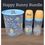 Tupperware Happy Bunny Bundle Baby Bottle 9oz (2)6.3cm(D) x 18.8cm(H)One Touch Canister 2L (1)15.1cm(D) x17.4cm(H)$52.90