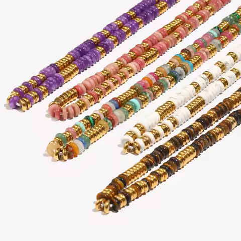 E.B.belle Natural Stone Tiger Eye Necklace Water Resistant 316L Stainless Steel Decoration 18K Gold 