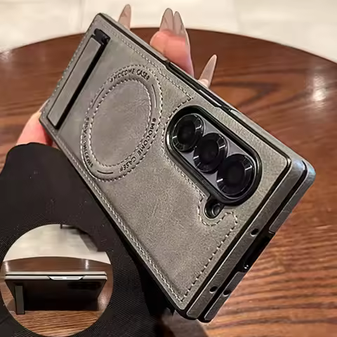 Retro Leather Hidden Tripod Phone Case For Samsung Galaxy Z Fold 7 6 5 4 3 Magnetic Wireless Chargin