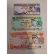 (1989~1991) Brunei 1 Dollar + 5 Dollars + 10 Dollars Set of 3 Banknotes Gem UNC Embossing Collection