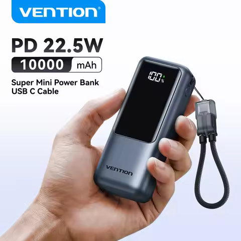 Vention 10000mAh Mini Power Bank 22.5w Portable Charger Built-in UBS C Cable PD 3.0 Fast Charging fo