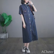 【ACheter】 薄款牛仔連身裙韓版休閒短袖寬鬆長款復古襯衫洋裝# 117662 M 深藍色