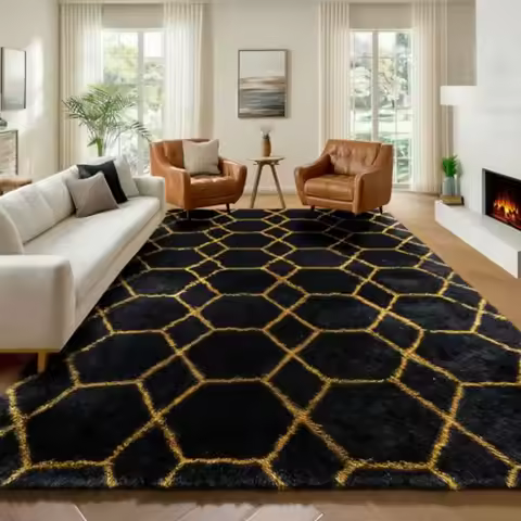6x9 Area Rugs for Living Room Bedroom, Black and Gold Geometric Fluffy Shaggy Plush Rug, Soft Fuzzy 