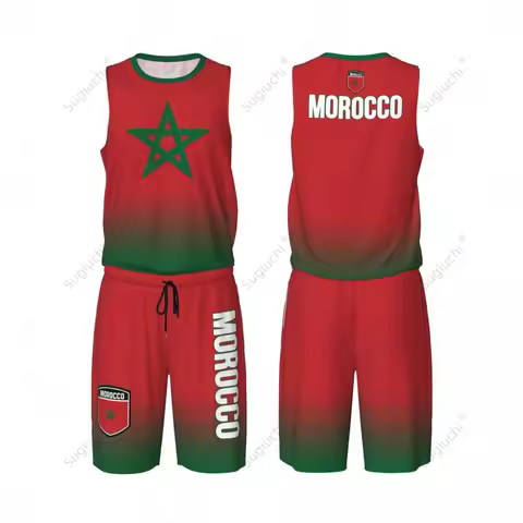 Men Morocco Flag Basketball Jersey Set Mesh Shirt & Pants Sleeveless Exclusive Team-up Custom Name N