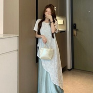 RUIHUAN | Váy midi không đều ren Acetate satin không dây mùa hè cho nữ cỡ lớn Bộ đồ hai mảnh Váy mid