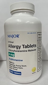 MAJOR CHLORPHENIRAMINE 4MG TAB CHLORPHENIRAMINE MALEATE-4 MG Yellow 1000 TABLETS UPC 309040012807 Ph