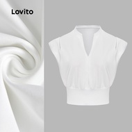 Lovito Casual Tank Plain Pleated V Neck Sleeveless Crop Tops for Women L53AD013 (Multi-color) Lovito