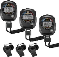 Frienda 3 Pieces Black Sport Stopwatch Digital Sports Stopwatch Timer Large Screen Interval Timers 3 Pieces Loud Sound Whistle Sports Whistle with Lanyard Black Loud Whistle for Athletes and Referee