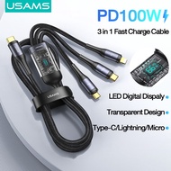 （ในสต็อกในประเทศไทย）USAMS PD100W สายชาร์จ 3 in 1 แท้ สายชาร์จเร็ว Type c มีจอ LED บอกความเร็วขณะชาร์จ การออกแบบโปร่งใส Fast Charge QC 3.0 USB To Type-C/Micro/Lightning