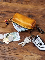 植鞣牛皮復古鑰匙包男士迷你腰掛小包真皮車鑰匙收納包拉鏈零錢包