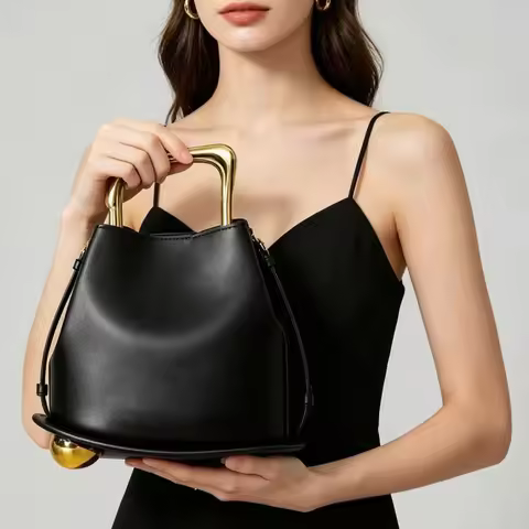 Irregular Metal Handle Bucket Bag, Women's Lightweight Luxury Handbag, Crossbody Bag, Hand-held Buck