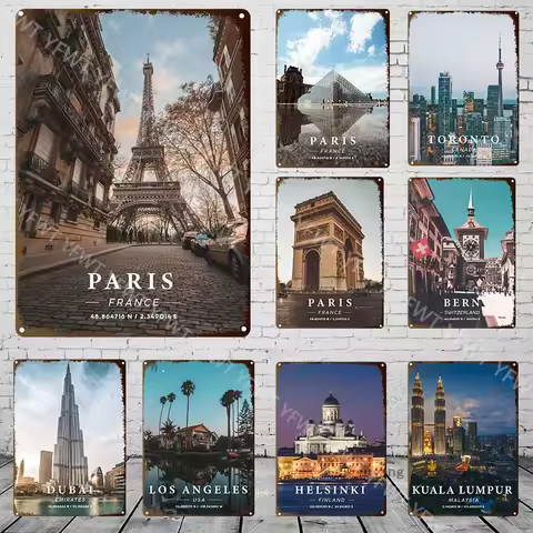 Beautiful City Landmarks Paris Tokyo Dubai Building Night View Metal Tin Sign Living Room Bedroom De