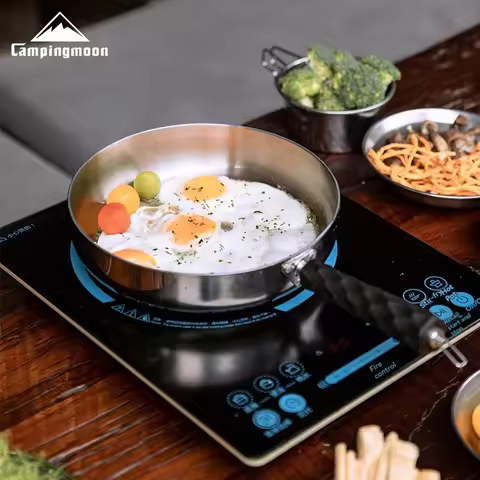 CAMPINGMOON CC-23 camping three-layer steel frying pan, portable and detachable handle, deep frying 