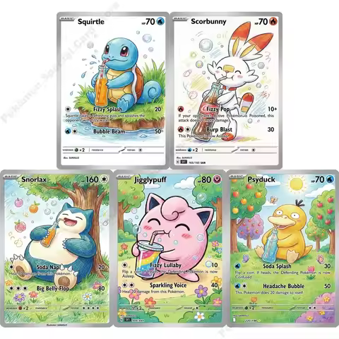 5Pcs Pokemon Cards Squirtle Psyduck Snorlax Jigglypuff Scorbunny Drink Soda Series PTCG Collection C