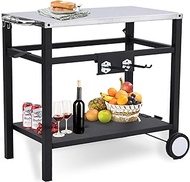 Dining Cart,Outdoor Grill Cart,Stainless Steel,with 4 Hooks, Double-Shelf,Side Handle,Wheels,Cooking Table for Outdoors, Kitchen or Backyard, Movable BBQ Trolley,Multifunctional and Commercial