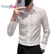 เสื้อเชิ้ตแขนยาว Cozy Up Men S Slim Lace Solid Color Slim Cutout