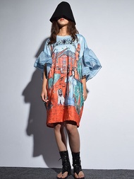 Best XITAO Women Print Pattern Mesh Sleeve Dress KZH432