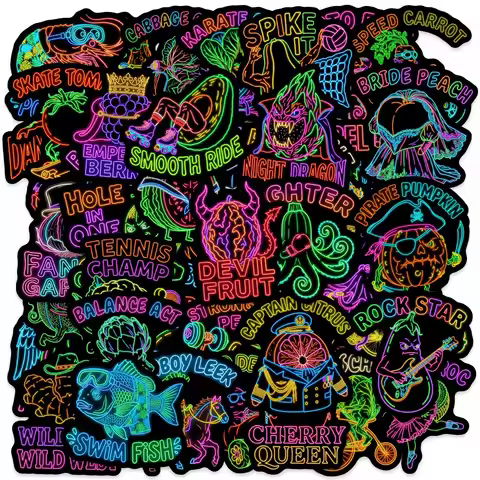 50-Pack Neon Cyber-Aesthetic Vegetable & Fruit Characters Graffiti Luggage Guitar Helmet Notebook St