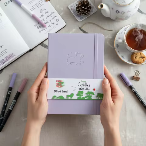 A5 Corgi Dot Grid Notebook Lavender Faux PU Journal 160GSM Ivory Paper 160 Numbered Pages 5x5mm Dott