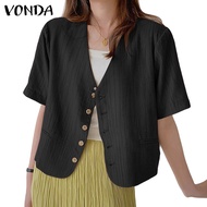 VONDA Women Korean Casual V-Neck Solid Color Short Sleeve Cardigan  Blazer