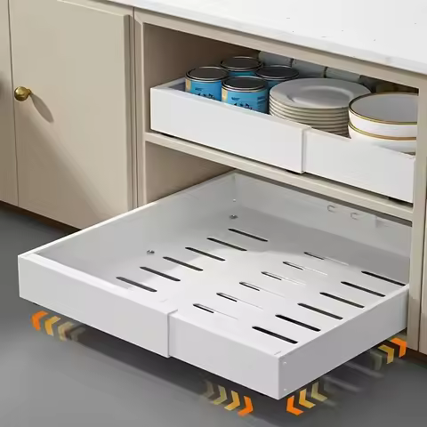 White Pull-Out Kitchen Cabinet Organizer–Adjustable Drawer Tray with Guide Rails for Spices & Season