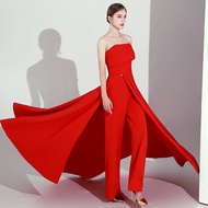 เรียบหรู Ladylike เอวสูง ชุดแต่งงานกางเกง เดรส Performance Hostess ชุดราตรี สไตล์เกาหลี ยาว ชุดเดรสอ