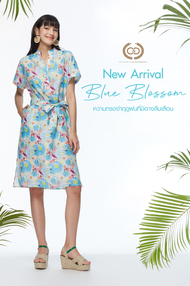 ชุดเดรส C&amp;D ชุดเดรส แขนสั้น คอจีน รุ่น Linen Blue Blossom Dress เนื้อผ้าลินิน โทนสีฟ้า (CZ2FSB)