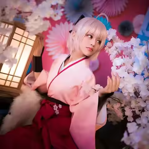 Anime FGO Fate Grand Order Sakura Saber Okita Souji Kendo Uniform Cosplay Costume Full Set Kimono Ha