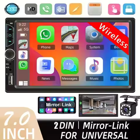 7" IPS Double Din Car Stereo with Wireless Apple Carplay,Wireless Android Auto Car Audio Receiver wi