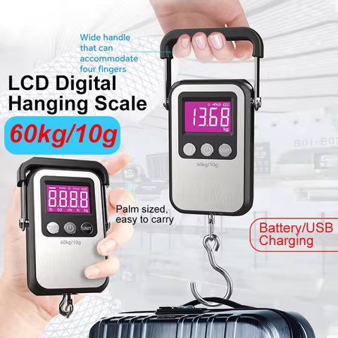 60Kg/10g Portable Digital Weight Scale Battery/USB Rechargeable Hanging Scale Hook Scale Luggage Fis