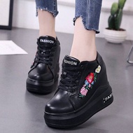 Korean Embroidery Woman Wedges Sneaker Straps 12cm Slope Heel Heighten Show Thin Walking Shoes Platforms Size 35-39