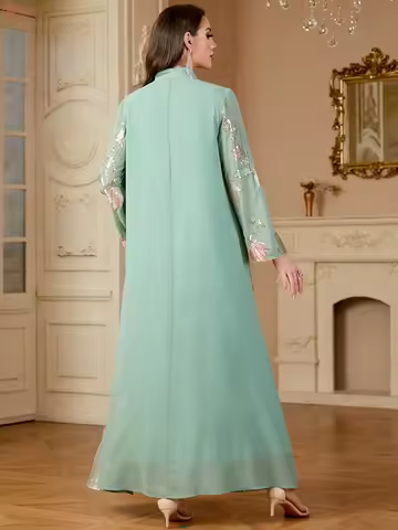 Ramadan Embroidery Abaya for Women Eid Mubarak Djellaba Marocain Jalabiya Saudi Arabic Robe Dubai Tu