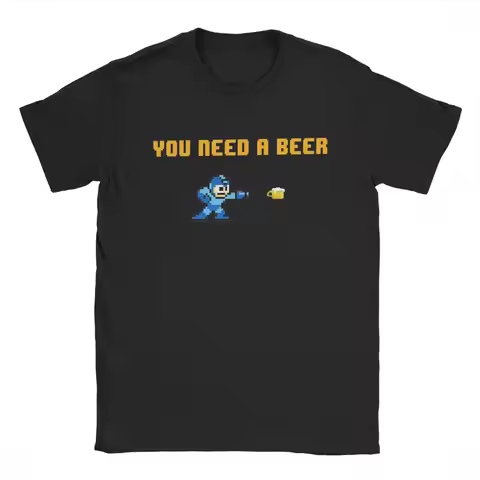 Megaman You Need A Beer Men's T Shirts Novelty Tees Short Sleeve Round Collar T-Shirts Cotton Plus S