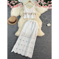 Bohemian Travel Vacation Sling Short Crochet Vest+Mid-Length Skirt Two-Piece Suit MX5S