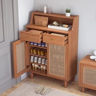 櫻桃傢俱 - 北歐實木鞋櫃復古玄關櫃入戶鞋櫃兩門置物櫃日式藤編簡約實木收納櫃80CM