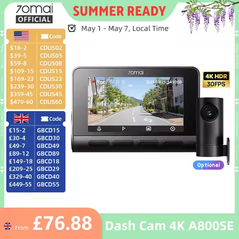70mai A800SE 4K Car DVR Support Rear or Interior Cam 24H Parking Mode GPS ADAS Upgraded Version of 7