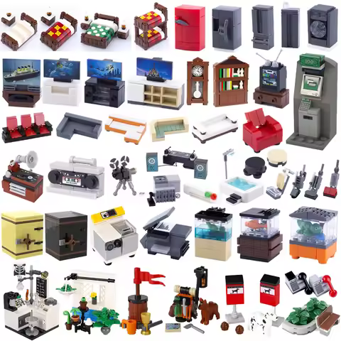 City Scene MOC Building Blocks TV Bed Furniture Sofa Record Player DJ Desk Bookcase Flower Mailbox P